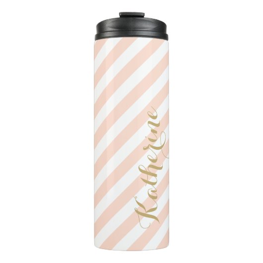 Blush Roze en Gouden Preppy Strepen Monogram Thermosbeker (Voorkant)