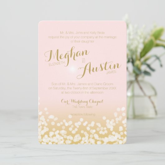 Blush Roze en Gouden Sparkle Lights Bruiloft Kaart (Staand voorkant)