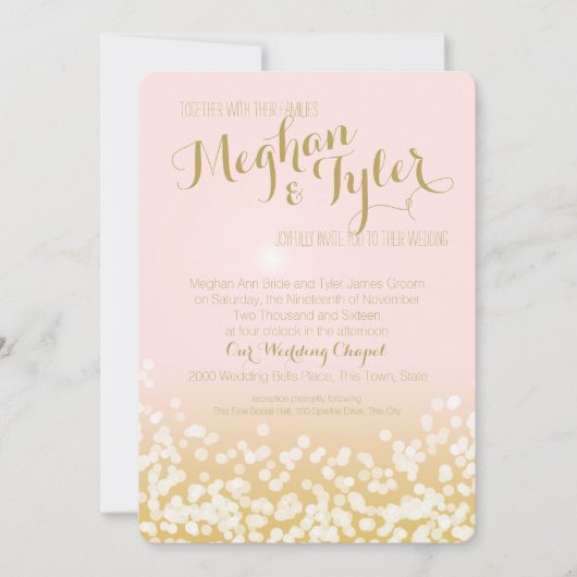 Blush Roze en Gouden Sparkle Lights Bruiloft Kaart (Voorkant)