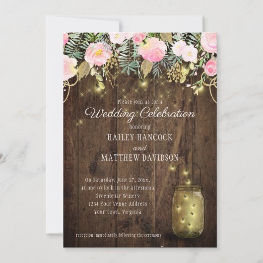 Blush Roze en Gouden Vuurvliegen Mason Jars Bruilo Kaart (Voorkant)