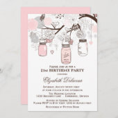 Blush Roze en Gray Mason Jars Birthday Invitation Kaart (Voorkant / Achterkant)
