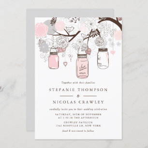 Blush Roze en Gray Mason Jars Wedding Invitation Kaart