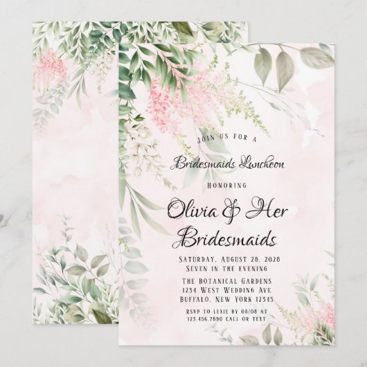 Blush roze en Greenery Leaves Bridesmaids Lunch Kaart (Voorkant / Achterkant)