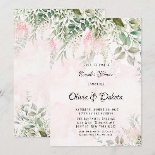 Blush Roze en Greenery Leaves Chic Couples Shower Kaart (Voorkant / Achterkant)