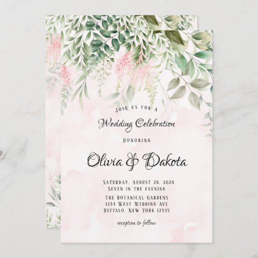 Blush roze en Greenery Leaves Chic Wedding Kaart (Voorkant / Achterkant)