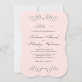Blush Roze en Grijze bladeren Tak Moslim Bruiloft Kaart (Voorkant)
