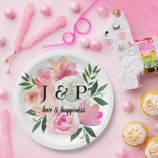 Blush roze en grijze flacon-monogram papieren bordje (Feest)