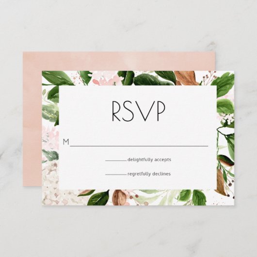Blush Roze en groen bruiloft RSVP Kaartje (Voorkant / Achterkant)