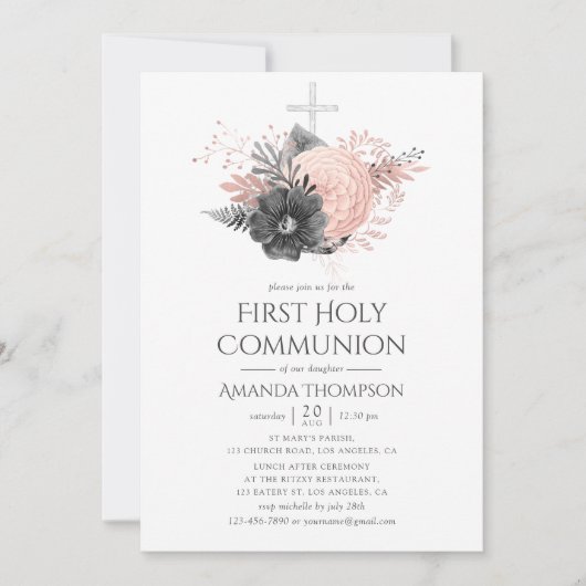 Blush Roze en houtskool Heilige Communie Kaart (Voorkant)