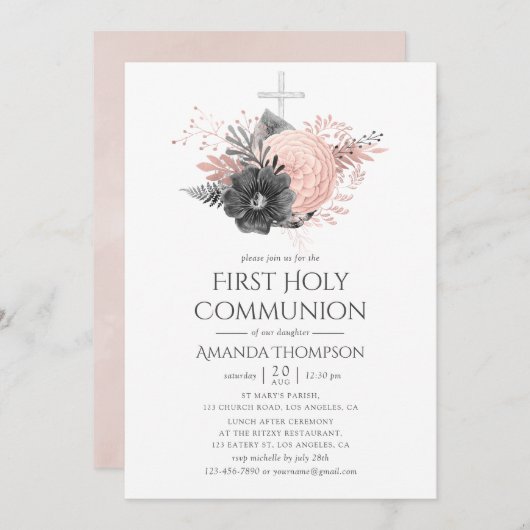 Blush Roze en houtskool Heilige Communie Kaart (Voorkant / Achterkant)