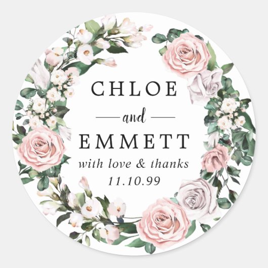 Blush roze en lavendel Roos krans bruiloft gunst Ronde Sticker (Voorkant)
