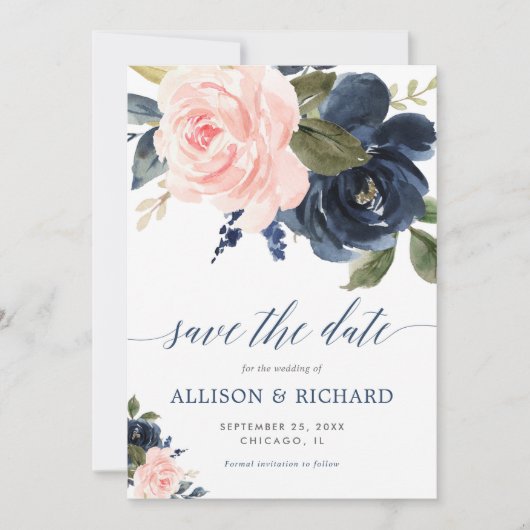 Blush roze en marineblauwe bloemen slaan de datum  kaart (Voorkant)