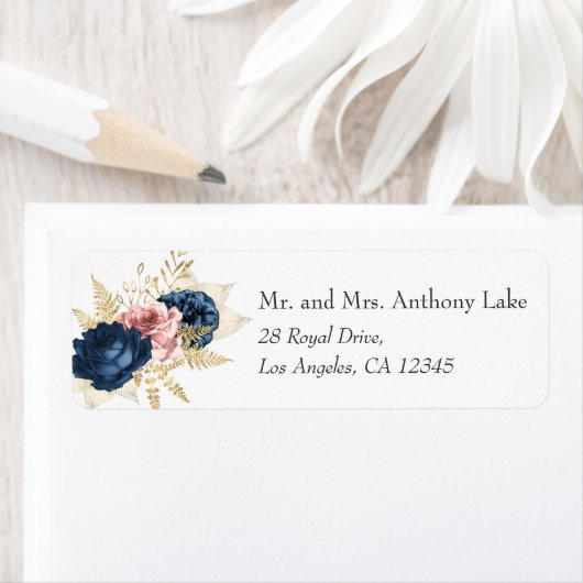 Blush Roze en Navy Blauw Rozen Bruiloft Etiket (Insitu)