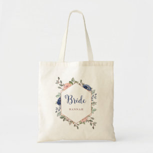 Blush roze en Navy Blue Floral Geometric   Bride Tote Bag