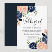 Blush roze en Navy Blue Flowers Modern Wedding Kaart (Voorkant / Achterkant)