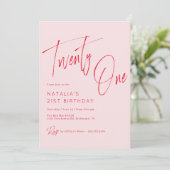 Blush Roze en Rood Script | Girly 21ste verjaardag Kaart (Staand voorkant)