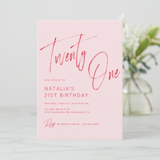 Blush Roze en Rood Script | Girly 21ste verjaardag Kaart (Staand voorkant)