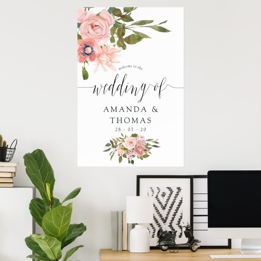 Blush roze en Roos Gold Floral Weddenschap Welkom Poster (Thuiskantoor)