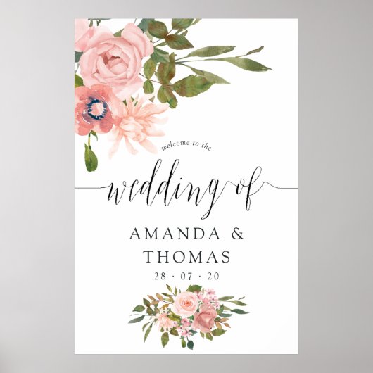 Blush roze en Roos Gold Floral Weddenschap Welkom Poster (Voorkant)