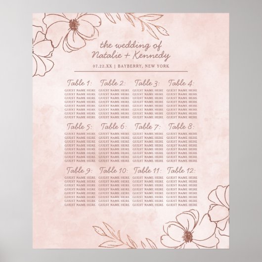 Blush roze en Roos Gold Wedding Table Seating Char Poster (Voorkant)