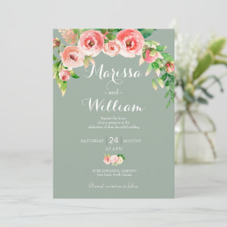 Blush Roze en Sage Elegant Wedding Invitation Kaart