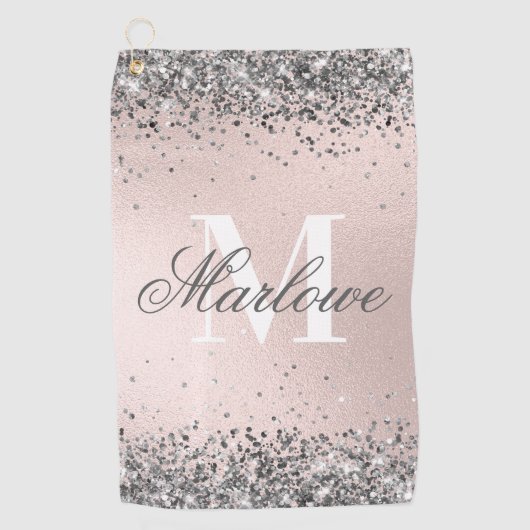 Blush roze en Silver Glitter Monogram Golfhanddoek (Voorkant)