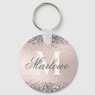 Blush roze en Silver Glitter Monogram Sleutelhange Sleutelhanger