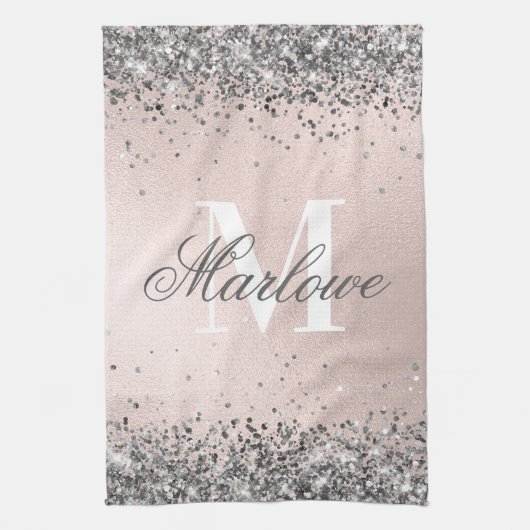 Blush roze en Silver Glitter Monogram Theedoek (Verticaal)
