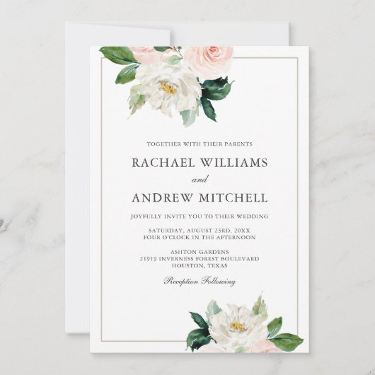 Blush Roze en Wit Elegant Bloemen Bruiloft Kaart (Voorkant)