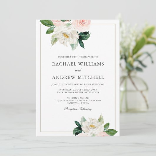 Blush Roze en Wit Elegant Bloemen Bruiloft Kaart (Staand voorkant)