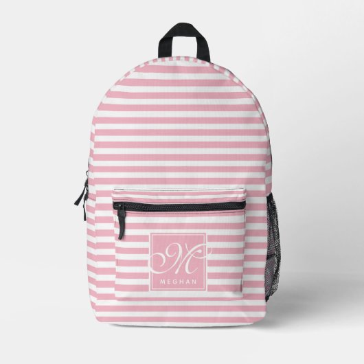Blush roze en witte strepen - Monogrammen Bedrukte Rugzak (Voorkant)