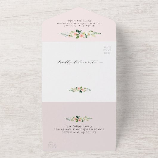 Blush roze en witte waterverf bloemenbruiloft all in one uitnodiging (Buitenkant)