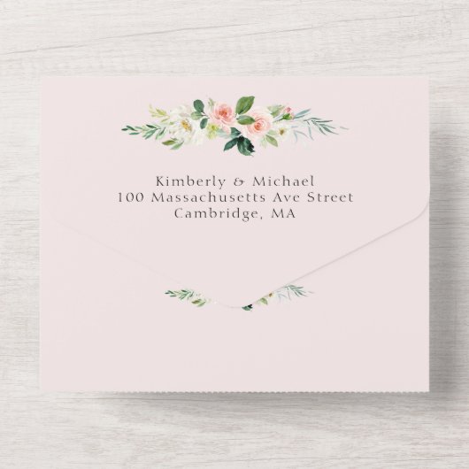 Blush roze en witte waterverf bloemenbruiloft all in one uitnodiging (Achterkant)