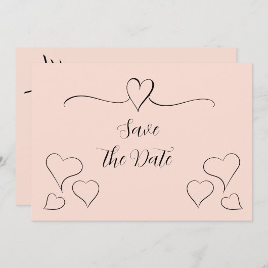 Blush roze en zwarte Fancy kalligrafie Harten Save The Date (Voorkant / Achterkant)