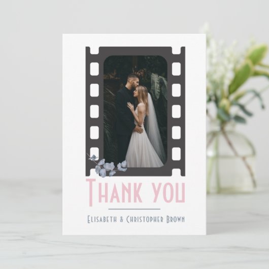 Blush roze film voegt foto's toe als bruiloft bedankkaart (Staand voorkant)