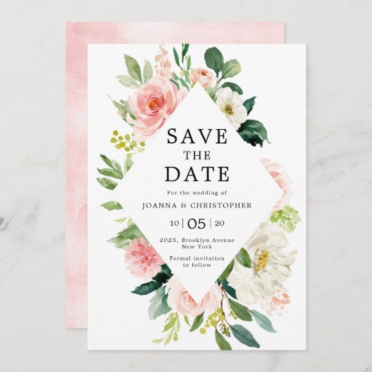 Blush roze flessen Moderne botanische bruiloft Save The Date (Voorkant / Achterkant)