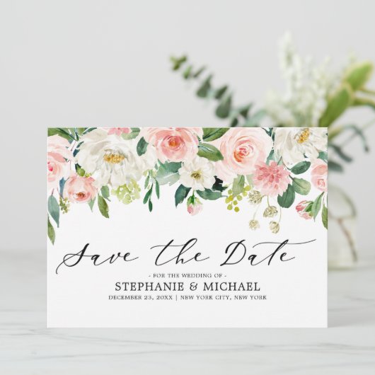 Blush roze flessen Moderne botanische bruiloft Save The Date (Staand voorkant)