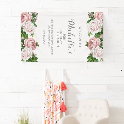 Blush Roze  Flora 50ste Verjaardag Welkom Spandoek (Insitu)