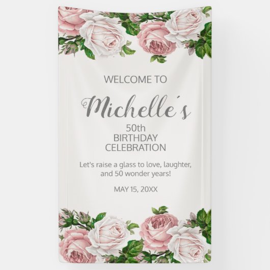 Blush Roze Flora 50ste Verjaardag Welkom Spandoek (Verticaal)