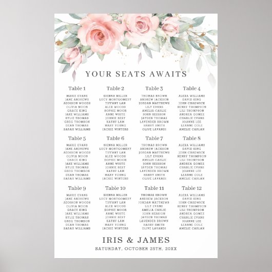 Blush roze Floral Greenery Wedding Seating Chart Poster (Voorkant)