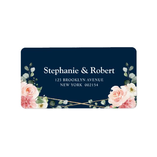 Blush roze Floral Navy Geometric Botanical Weddens Etiket (Voorkant)