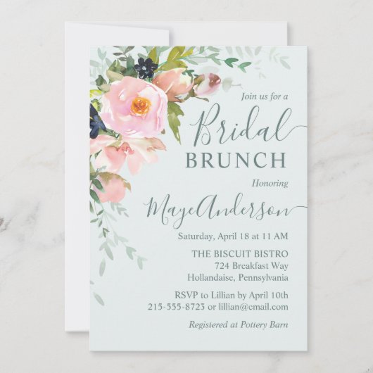 Blush roze Floral op Light Blue Bridal Brunch Kaart (Voorkant)