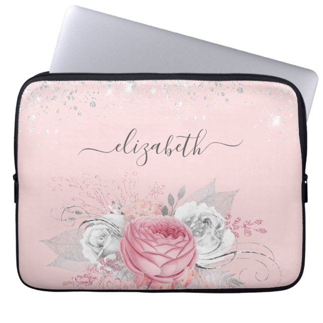 Blush roze floral Silver glitter name Laptop Sleeve (Voorkant)