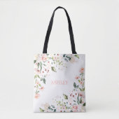 Blush Roze Floral Waterverf Naam Monogram Draagtas (Voorkant)