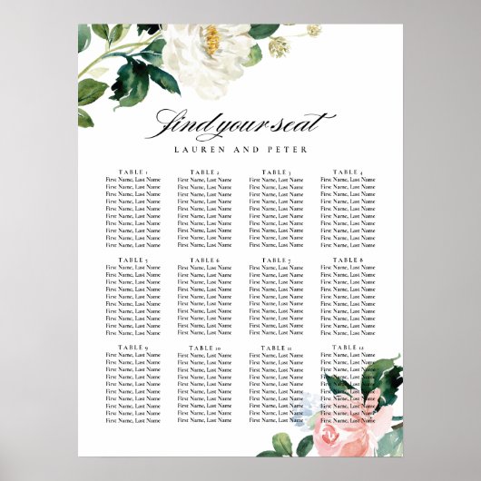 Blush roze Floral Wedding Seating Chart Poster (Voorkant)