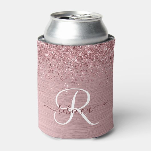 Blush Roze geborsteld metaal Glitter Monogram Naam Blikjeskoeler (Blikje Voorkant)