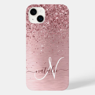 Blush Roze geborsteld metaal Glitter Monogram Naam Case-Mate iPhone 14 Plus Hoesje