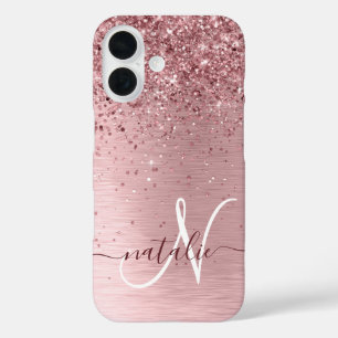 Blush Roze geborsteld metaal Glitter Monogram Naam iPhone 16 Hoesje