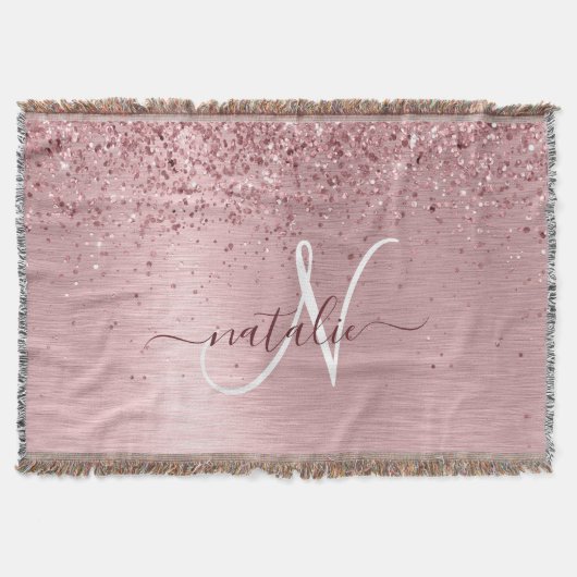 Blush Roze geborsteld metaal Glitter Monogram Naam Deken (Voorkant)