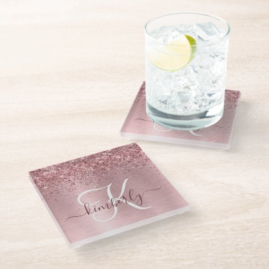 Blush Roze geborsteld metaal Glitter Monogram Naam Glazen Onderzetter (Schuin)